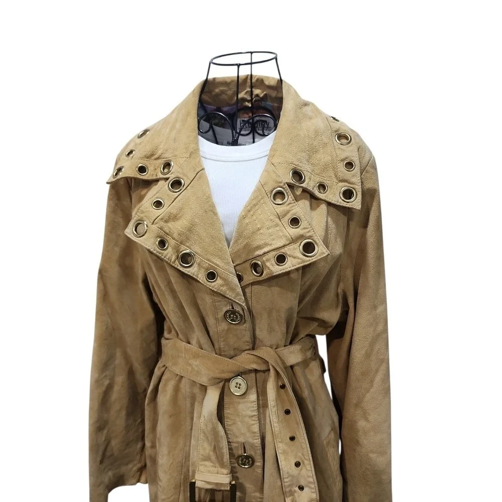Bradley Bayou Trench Coat Womens Large Tan Suede Floral Lining Boho Chic Luxury